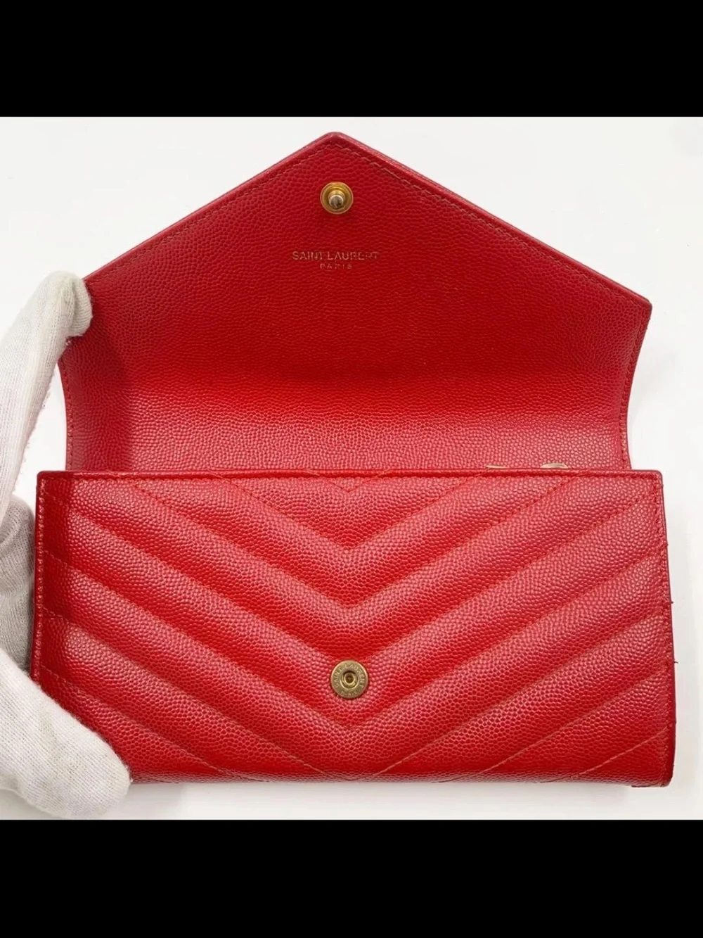 Saint Laurent Red Chevron-Quilted Envelope Wallet with Gold YSL
